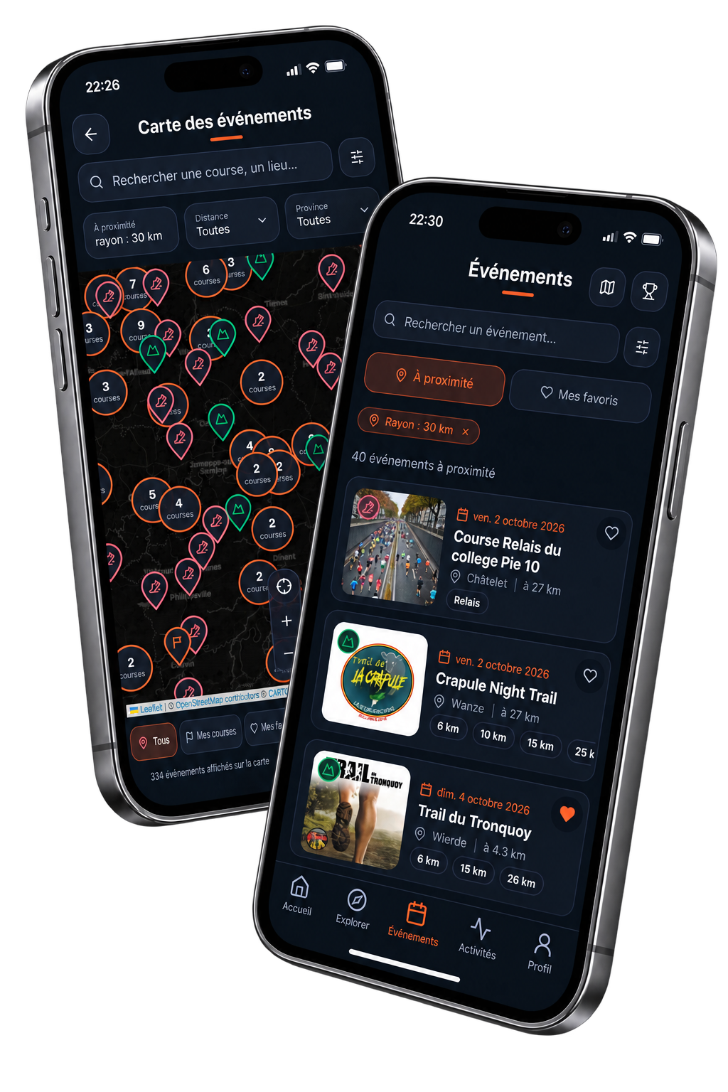 De Challenges-app: kaart met evenementen en lijst met events in de buurt